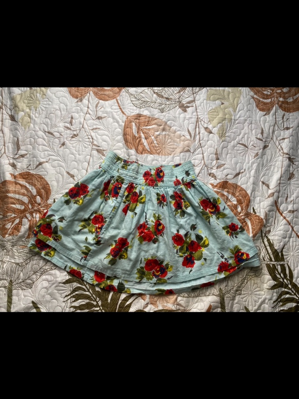 Abercrombie & Fitch Light Blue Skater Skirt with Red Rose Print